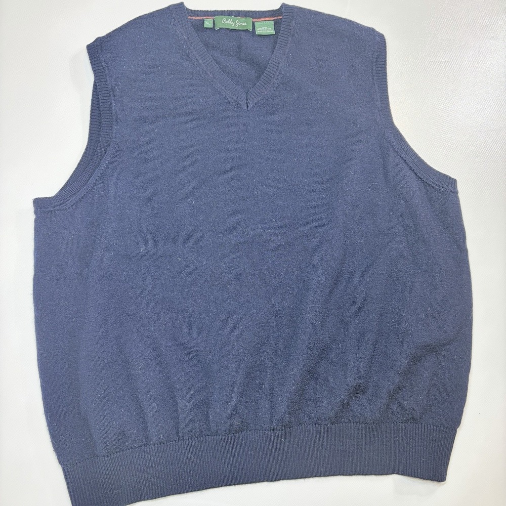 Bobby Jones 100% Merino Wool Sweater Vest Mens XL Navy Blue V Neck Classic Golf